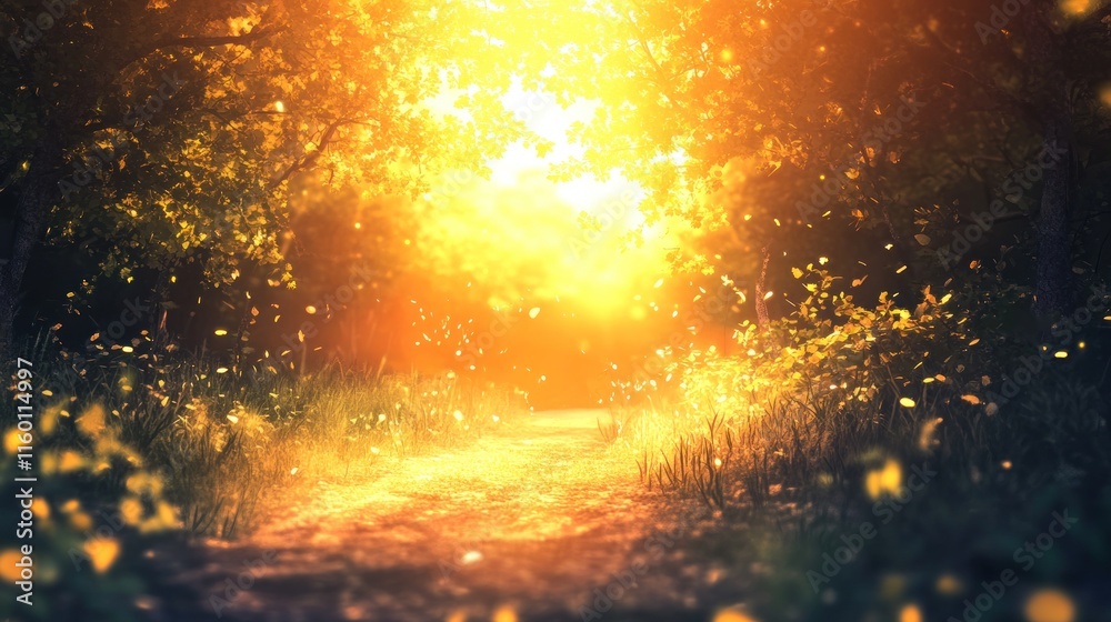 Poster Sunlit path through a magical forest with glowing particles.