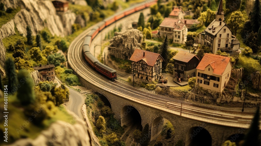 Poster an intricate model train set winding through a meticulously detailed landscape, tracks and miniature