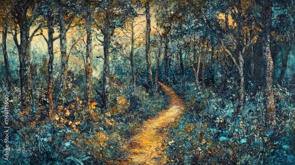 Aufkleber serene path winding through a lush, mystical forest with golden sunlight filtering through the dense