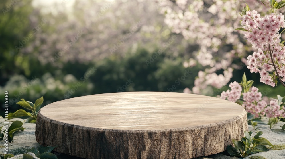 Poster wooden slice display on rocks with blossoming cherry trees.