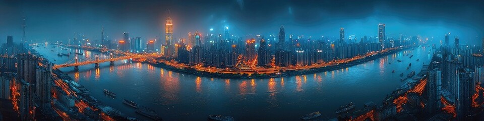 Fototapeta premium A panoramic cityscape at night, showcasing illuminated buildings and a river.