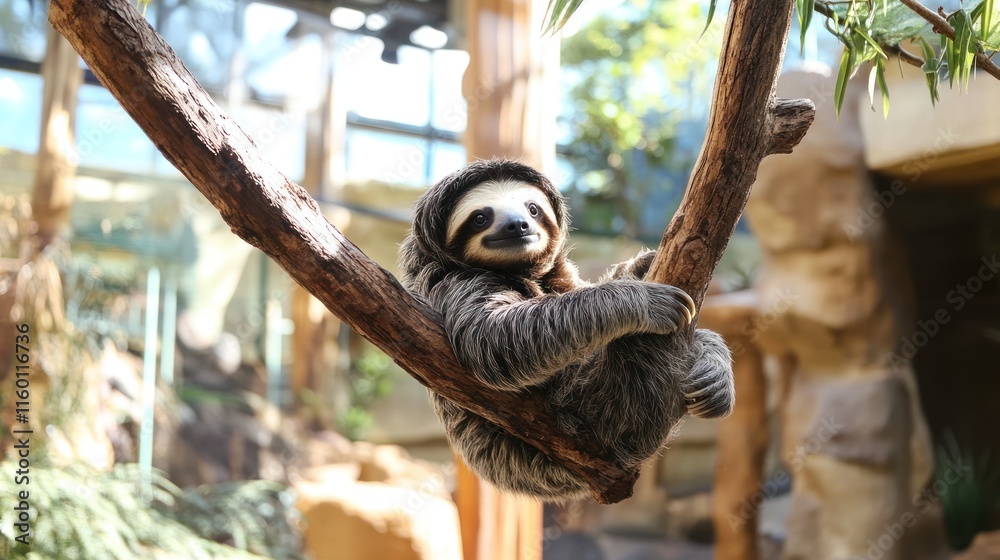 Poster a brown-throated three-toed sloth hanging on a tree branch in a zoo enclosure.