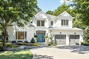 White two-story house with blue door, landscaped garden, and driveway, surrounded by green trees under sunny sky. Concept of modern home design. Ai generative.