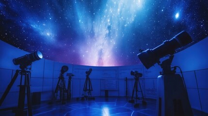 An organized astronomy observatory with telescopes and star charts, Observatory equipment arranged for celestial observation, Natural photo of