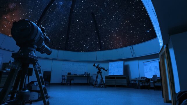 An organized astronomy observatory with telescopes and star charts, Observatory equipment set up for celestial observation, Natural photo of