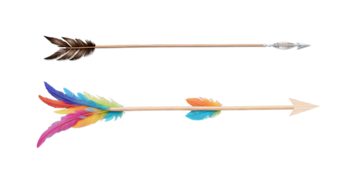 A wooden arrow with bright, colorful feathers on the end, and a realistic arrow with a smooth wooden shaft, metal tip on a transparent background