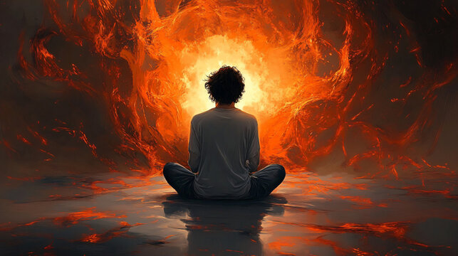 A contemplative scene depicting a young adult in meditation amidst chaos, ideal for promoting mental health awareness and resources for events like World Mental Health Day.