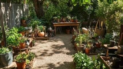 Fototapeta premium An organized gardening area in a lush backyard, Gardening tools and plants arranged meticulously, Whimsical garden style