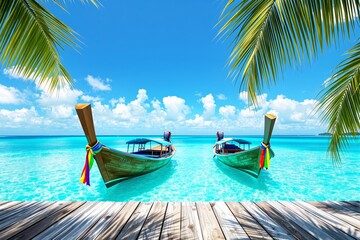 Two traditional wooden boats float on clear turquoise water near a wooden pier, framed by lush palm...