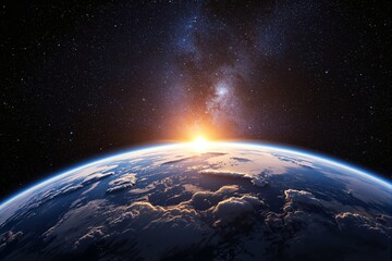 Planet Earth viewed from space, sun rising on the horizon, Milky Way visible, cosmic beauty on dark...