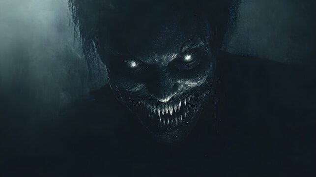 Glowing eyes and sharp teeth characterize a terrifying dark creatures face.