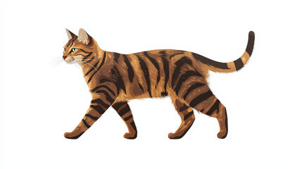 A graceful tabby cat walking elegantly, showcasing its distinctive striped fur and alert expression. The cat should be depicted in profile, with its tail held high and a confident posture.