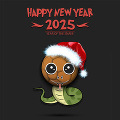 Happy New year. 2025 year of the snake. Cute muzzle snake in the form of a handball ball. Handball ball in the form of a snake. Greeting card design template. Vector illustration