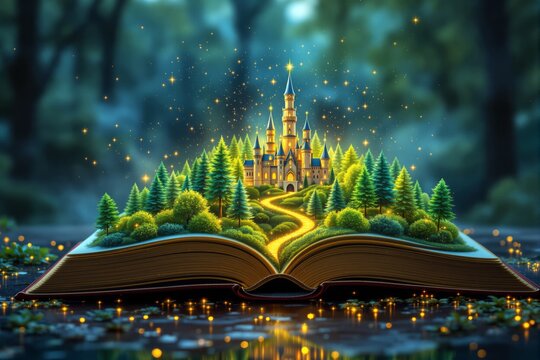 A magical book with a glowing castle and lush forest on its pages, set in a dreamy, luminous atmosphere, evoking a fairytale world. Ai generative - Powered by Adobe