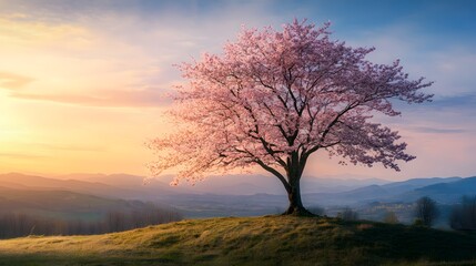 A magnificent and beautiful cherry blossom tree standing alone, with a beautiful view