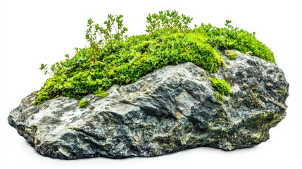 A large, rugged rock partially covered with vibrant green moss and small plants, showcasing the natural texture and earthy tones of the stone. The rock has a weathered surface with various shades