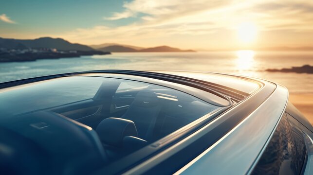 A car's sunroof with a scenic sunset over the ocean in the background.