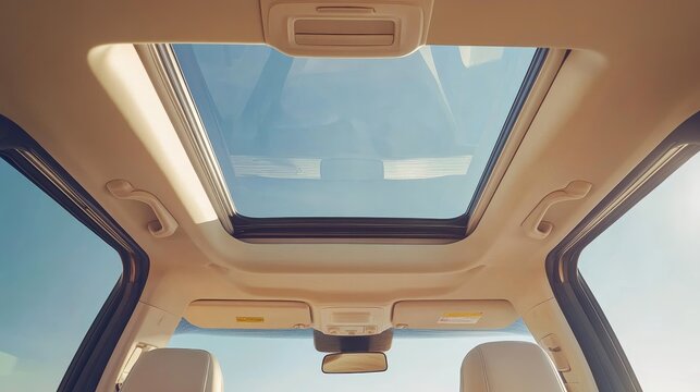View of a car's sunroof looking up at a clear blue sky.