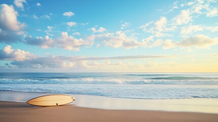 Obraz premium Quiet beach with a neatly set up surfboard and gentle waves, surfboard positioned at the edge of the water, Beachside adventure style