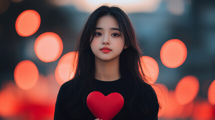 young woman holding red heart against blurred orange background, expressing love and warmth.