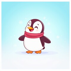 Fototapeta premium A flat design cartoon vector of a happy penguin wearing a glowing scarf, sliding on sparkling ice, surrounded by tiny snowflakes, set on a pastel blue and white background for a frosty winter 