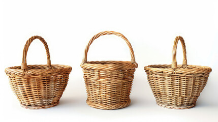 Three woven baskets of varying sizes arranged on a white background.
