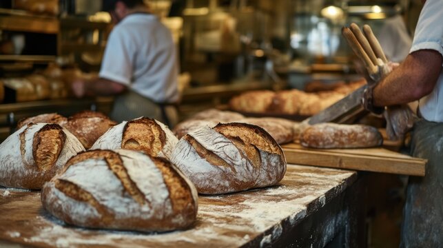 A bustling artisan bakery with baking tools and freshly baked bread, Artisan bread baking craftsmanship style, photo of
