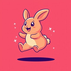 A flat design cartoon vector of a joyful bunny hopping over glowing flowers, surrounded by sparkles, set on a pastel pink and lavender background for a whimsical spring theme. 