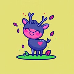 Naklejka premium A flat design cartoon vector of a joyful deer standing gracefully in glowing forest grass, surrounded by falling leaves, set on a pastel orange background for a magical woodland vibe. 