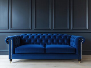 Dark blue velvet sofa with tufted details in a living room with dark wood floors and brass...