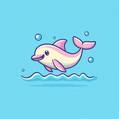 A flat design cartoon vector of a joyful dolphin leaping through glowing waves, surrounded by sparkling bubbles, set on a pastel aqua background for a lively oceanic theme. 