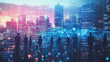 Obraz premium abstract professional business team people innovation connection of line from nail node to node on Smart Innovation city with connection cyber security network reciprocity , networking concept