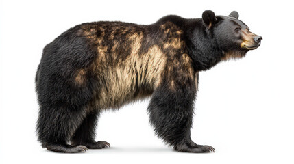 Fototapeta premium A majestic black bear standing confidently, showcasing its thick fur and strong build. The bear should be depicted in a natural pose, with a slight tilt of its head to capture its curious expression