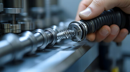 A hand assembling a mechanical component on a precision machine in an industrial setting.