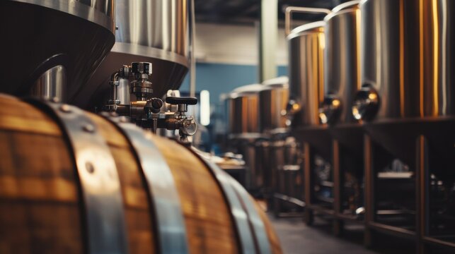 A bustling brewery with brewing equipment and barrels, Craft beer brewing in progress, Artisanal brewery style