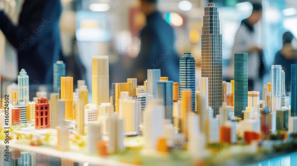 Poster a bustling cityscape with architects designing skyscrapers using blocks, blocks arranged for urban p