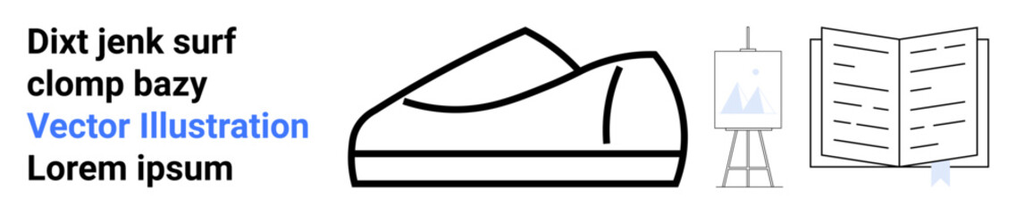 Shoe, easel with artwork, open book, text elements including Vector Illustration and Lorem ipsum. Ideal for artistic, educational, fashion, instructional, minimalist, graphic design, landing page