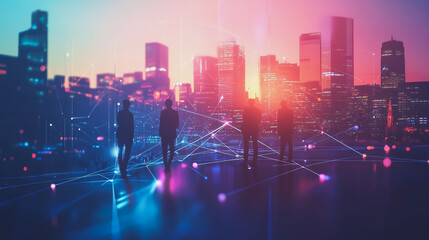 Obraz premium abstract professional business team people innovation connection of line from nail node to node on Smart Innovation city with connection cyber security network reciprocity , networking concept