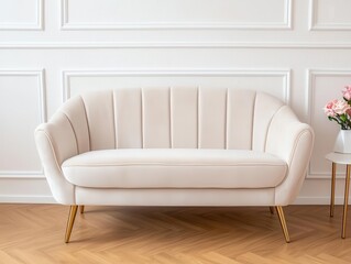 Creamcolored velvet sofa with gold legs, placed in a living room with warm wood floors and elegant decor, sofa, luxurious and charming