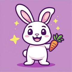 Obraz premium A minimal flat design cartoon vector of a cheerful rabbit holding a glowing carrot, surrounded by tiny stars, set on a pastel lavender background for a whimsical and fun farm vibe. 