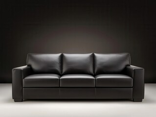 Dark grey leather sofa in a modern living room with sleek black decor and soft lighting, sofa, luxurious and moody