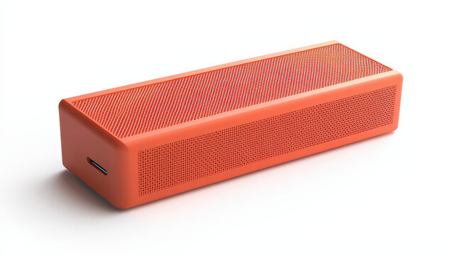 A modern orange Bluetooth speaker with a sleek, rectangular design and a textured mesh front. The speaker should be displayed at an angle to highlight its shape and features