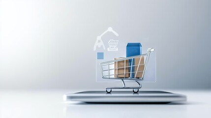 online shopping  cart  personalized concept. A digital shopping cart with packages is displayed on a tablet, symbolizing online shopping and e-commerce.