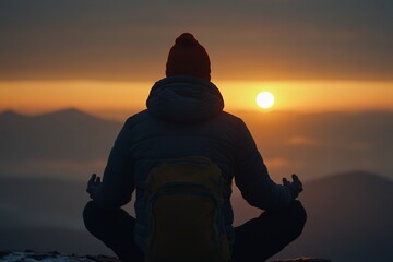 Man meditating on mountaintop at sunrise.