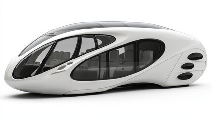 A modern, sleek white bus designed for long-distance travel, featuring large tinted windows and a streamlined body. The bus is shown from a slight angle to highlight its aerodynamic shape and spacious