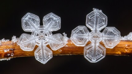 Fototapeta premium Two Intricate Ice Crystals Resting On A Branch