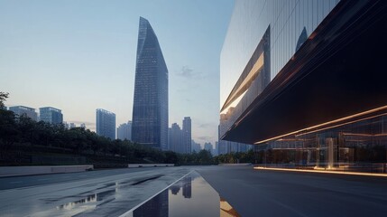 Fototapeta premium Modern city skyline at dawn, reflecting in a plaza.