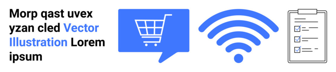 Shopping cart, wireless signal, and checklist icons symbolize online shopping, internet connectivity, and task management. Ideal for e-commerce, internet services, digital marketing, online business