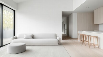 Contemporary Minimalist Living Room with Light Color Palette, Large Windows, Natural Light, Modern Design Elements, and Cozy Furniture for a Stylish Interior