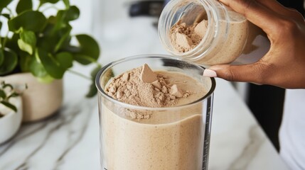 African female preparing chocolate protein shake in a blender with plant-based ingredients